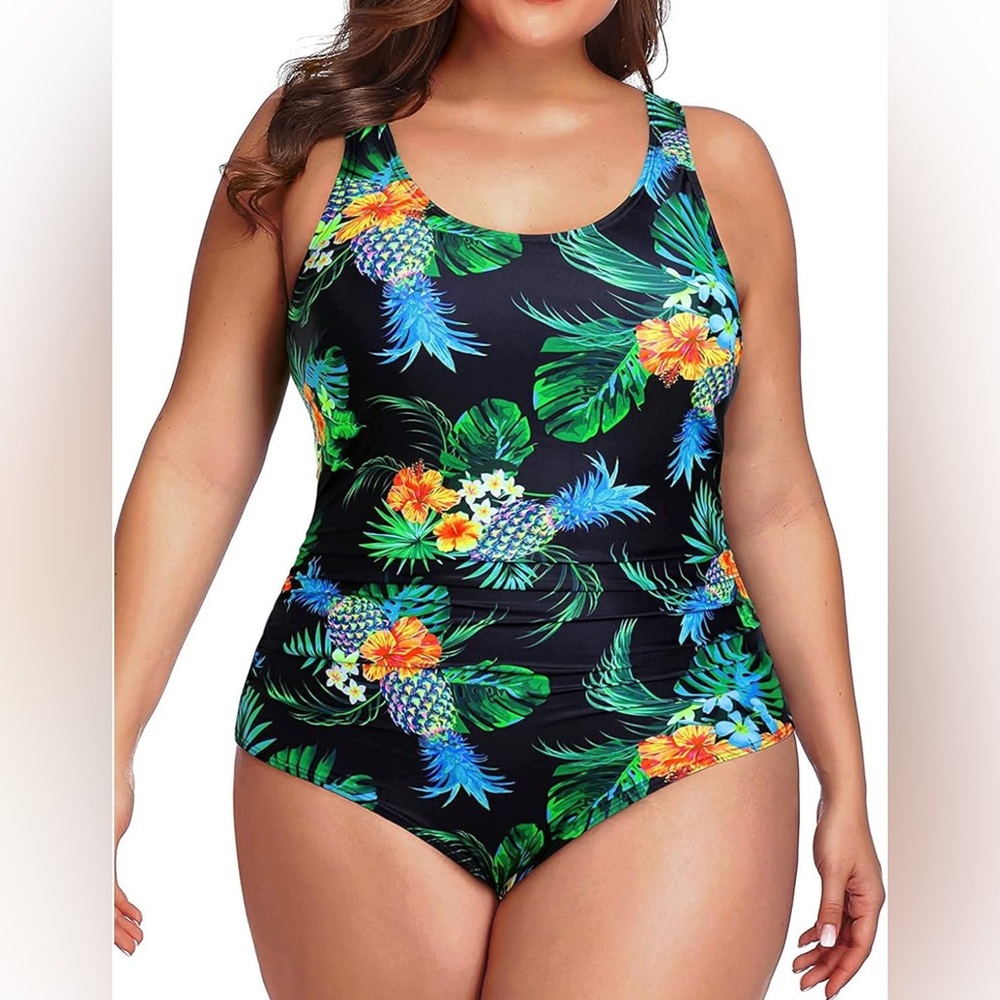 Daci Women One Piece Tropical Print Swimsuit Tummy Control Ruched Bathing Suit
